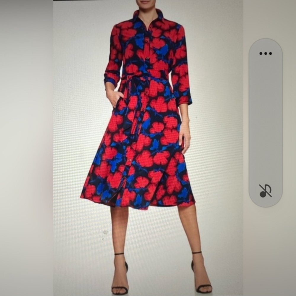 Banana Republic Red and Blue Floral Long Sleeve Shirt Dress